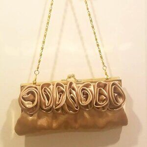 CARLO FELLINI Small Golden Sateen Satin Evening Bag Rose Motif w/Handle / Strap